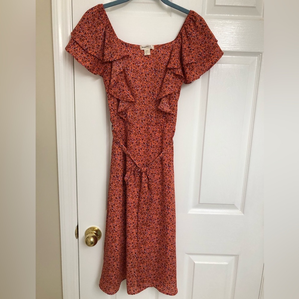 Floral Ruffle Midi Dress in Orange by [Brand]